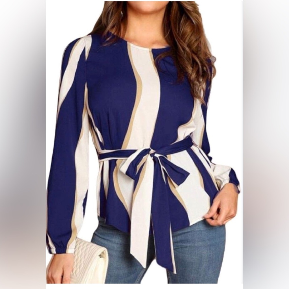 SHEIN Blue Beige and White Tie Front Peplum Blouse Sm 3/$15